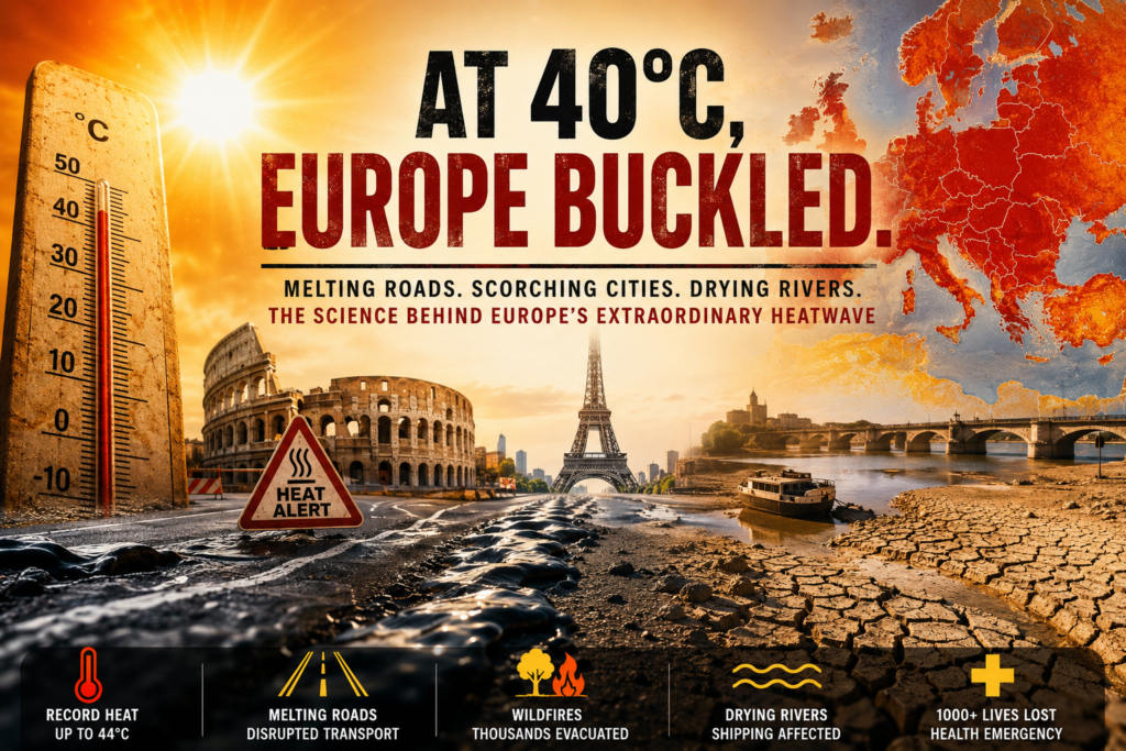Europe during the 2026 heatwave showing melting roads, scorching cities, drying rivers and record temperatures.