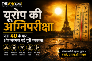 यूरोप की भीषण हीटवेव के दौरान झुलसते शहर, पिघलती सड़क और बढ़ता तापमान दर्शाती चित्रात्मक छवि।