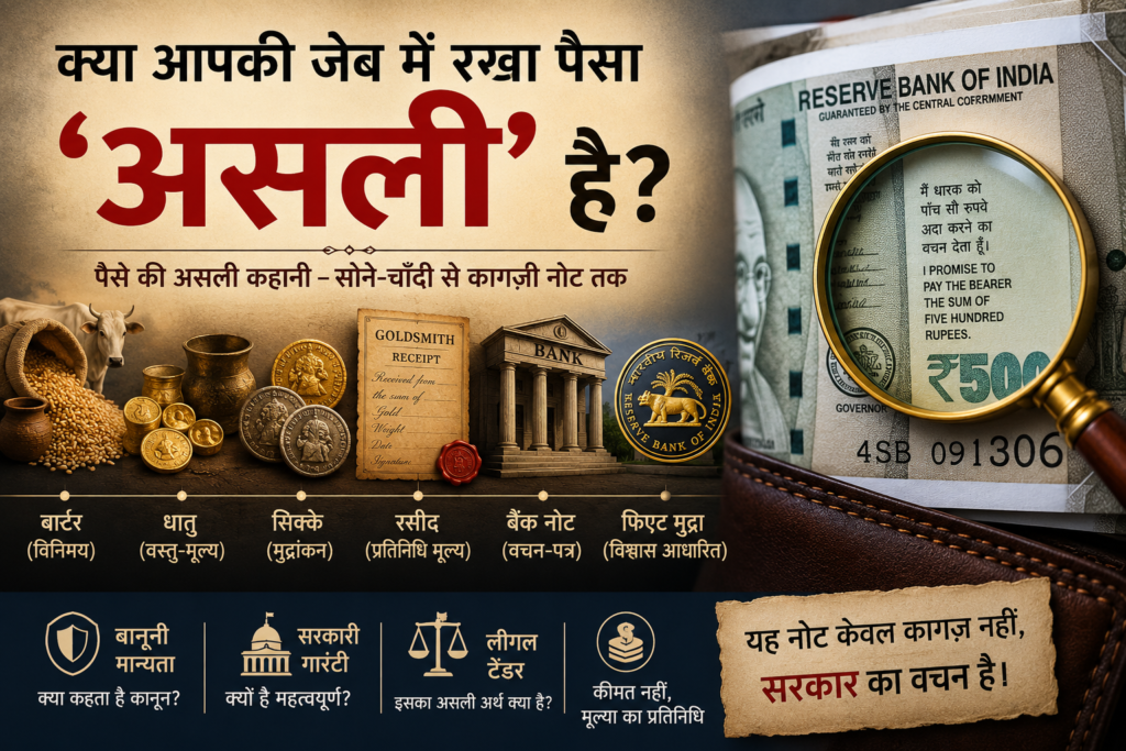 भारतीय मुद्रा की यात्रा दर्शाता चित्र, जिसमें सिक्कों से RBI के बैंक नोट तक का विकास और "मैं धारक को..." वचन का अर्थ दिखाया गया है।