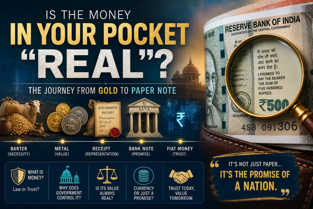 Featured image showing the evolution of indian money from coins to RBi banknotes and the meaning of "I Promise to Pay..."