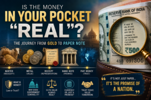 Featured image showing the evolution of indian money from coins to RBi banknotes and the meaning of "I Promise to Pay..."