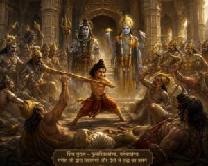 बाल गणेश दण्ड से शिवगणों और देवताओं से युद्ध करते हुए, पीछे भगवान शिव और विष्णु — शिव पुराण गणेश प्राकट्य प्रसंग