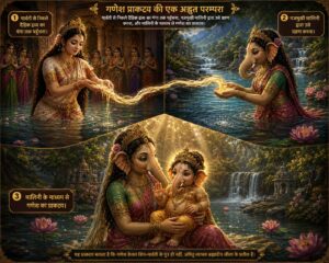 माता पार्वती का दैहिक द्रव्य गंगा तक पहुँचना, गजमुखी मालिनी द्वारा उसे ग्रहण करना और बाल गणेश का प्राकट्य