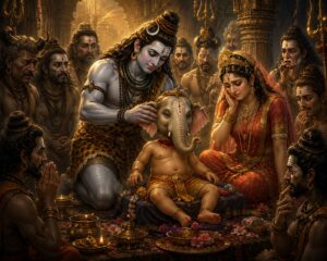 भगवान शिव बाल गणेश के शरीर पर हाथी का मस्तक स्थापित करते हुए, पास में माता पार्वती और शिवगण — गणेश प्राकट्य प्रसंग