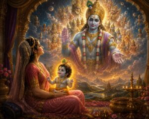 माता पार्वती को आशीर्वाद देते भगवान श्रीकृष्ण और उनकी गोद में दिव्य बालक का प्राकट्य — ब्रह्मवैवर्त पुराण गणेश जन्म प्रसंग