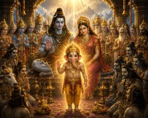 भगवान शिव से दिव्य गजानन बालक का प्राकट्य, माता पार्वती और देवताओं व शिवगणों की उपस्थिति में