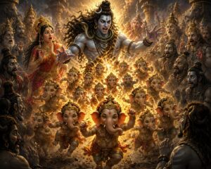 क्रोधित भगवान शिव के शरीर से अनेक प्रचंड गजमुख विनायकों का प्राकट्य, पास में माता पार्वती और भयभीत देवता व शिवगण