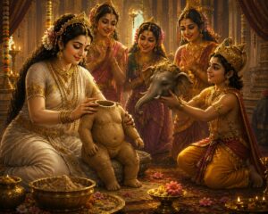 माता पार्वती अपने शरीर के लेप से बालक की आकृति बनाते हुए और कार्तिकेय उसके लिए हाथी का मस्तक लाते हुए