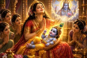 भगवान विष्णु का स्मरण करती माता पार्वती और उनकी गोद में दिव्य बालक रूप में विष्णु का प्राकट्य