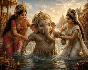 माता पार्वती और देवी गंगा गंगा के जल से विराट गजमुख बालक को बाहर निकालते हुए — गणेश प्राकट्य प्रसंग