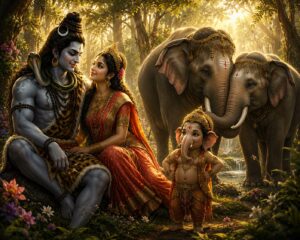 वन में भगवान शिव और माता पार्वती, पास में प्रेममय गज-युगल और उनके सामने प्रकट गजमुख बाल गणेश