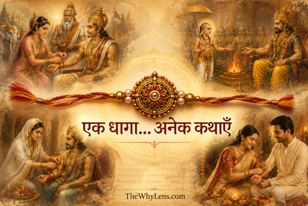रक्षाबंधन की विभिन्न कथाओं को दर्शाता चित्र – इन्द्र-शची, वामन-बलि, लक्ष्मी-बलि और आधुनिक भाई-बहन।