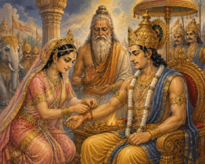 इन्द्राणी शची द्वारा युद्ध से पूर्व देवराज इन्द्र की कलाई पर रक्षा-सूत्र बाँधते हुए, पास में गुरु बृहस्पति वैदिक अनुष्ठान करते हुए।