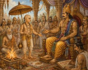 वामन अवतार द्वारा राजा बलि से तीन पग भूमि का दान माँगते हुए, यज्ञशाला में उपस्थित ऋषि और सभासद।