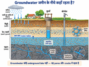जमीन की परतों, जल-स्तर, aquifer, कुआँ और borewell के साथ groundwater की स्थिति दिखाने वाला cross-section diagram।