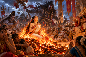 सती अग्निकुंड में ध्यानमग्न बैठी हैं, चारों ओर यज्ञस्थल पर लोग भयभीत दिखाई दे रहे हैं, और पृष्ठभूमि में वीरभद्र का क्रोध, विराट रूप प्रकट है।