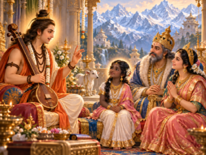 देवर्षि नारद पर्वतराज हिमालय और मेना के सामने श्यामवर्णा बालिका का भविष्य बताते हुए, जिन्हें आगे शैलपुत्री के रूप में संबोधित किया गया।