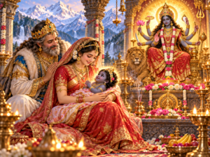 पर्वतराज हिमालय और मेना अपनी गोद में श्यामवर्णा दिव्य कन्या को देखकर प्रसन्न हैं, जबकि समीप आठ भुजाओं वाली योगनिद्रा महामाया का तेजस्वी स्वरूप विराजमान है।