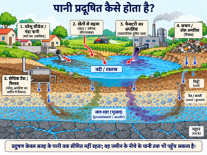 नदी और भूजल को प्रदूषित करने वाले स्रोतों का diagram, जिसमें घरेलू सीवेज, खेतों से बहाव, फैक्ट्री का अपशिष्ट, कचरा और सेप्टिक टैंक का रिसाव दिखाया गया है।