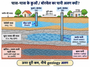पास-पास स्थित दो कुओं या borewells के नीचे अलग-अलग geological layers और अलग water types दिखाने वाला diagram