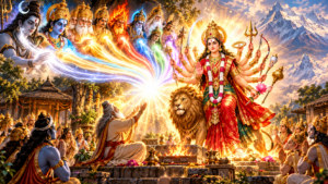 हिमालय के समीप महर्षि कात्यायन के आश्रम में भगवान शिव, विष्णु, ब्रह्मा और अन्य देवताओं के शरीरों से निकलता दिव्य तेज एकत्र हो रहा है। महर्षि कात्यायन की आराधना के बीच सिंहवाहिनी दशभुजा माँ कात्यायनी प्रकट हो रही हैं।