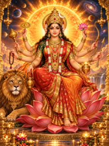 सूर्य के दिव्य तेज के सामने कमल पर विराजमान अष्टभुजाधारी माँ कूष्माण्डा। स्वर्ण मुकुट, लाल-सुनहरे वस्त्र और सौम्य मुस्कान से सुशोभित भगवती के आठ हाथों में चक्र, गदा, जपमाला, कमण्डलु, कमल, धनुष, बाण और सुधाकलश हैं। समीप सिंह विराजमान है।