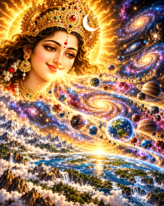 माँ कूष्माण्डा के दिव्य मुख पर मंद मुस्कान और मस्तक पर स्वर्ण मुकुट। उनकी मुस्कान से निकलती प्रकाश की किरणों के बीच आकाशगंगाओं, तारों, ग्रहों, पर्वतों, नदियों और सम्पूर्ण सृष्टि की उत्पत्ति का कलात्मक दृश्य।