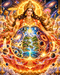अष्टभुजाधारी माँ कूष्माण्डा के दिव्य गर्भ में सृष्टि की उत्पत्ति, पालन और संहार का चित्रण। एक ओर नई आकाशगंगाओं और ग्रहों का निर्माण, मध्य में पृथ्वी, वन, नदियाँ तथा जीव-जगत और दूसरी ओर ग्रहों का विघटन तथा ब्रह्माण्डीय लय दिखाई दे रहा है।