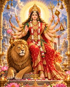 सिंह वाहन के साथ विराजमान दशभुजा माँ चंद्रघंटा का दिव्य चित्र। मस्तक पर अर्धचंद्र, हाथों में अस्त्र-शस्त्र और अभय मुद्रा, लाल वस्त्र तथा स्वर्णिम आभामंडल से सुशोभित भगवती।