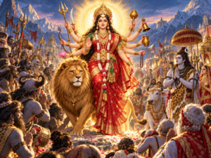 शिव-पार्वती विवाह के अवसर पर दशभुजा माँ चंद्रघंटा का दिव्य प्राकट्य। सिंह के साथ प्रकट हुई देवी के समक्ष भगवान शिव के गण और बाराती शांत होकर नतमस्तक हैं।
