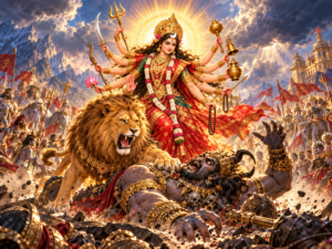 जतुकासुर से युद्ध करतीं दशभुजा माँ चंद्रघंटा। सिंह के साथ रणभूमि में देवी अपने दिव्य अस्त्र-शस्त्रों सहित असुर का संहार करती हुई दिखाई दे रही हैं।