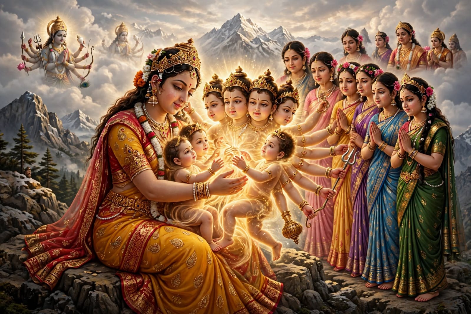 हिमालय पर माँ पार्वती छह शिशुओं को गले लगा रही हैं जो प्रकाश में एक छह मुख बारह भुजा वाले बालक में मिल रहे हैं, पास में हाथ जोड़े खड़ी छह कृतिकाएँ

