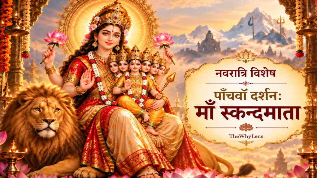 चार भुजाओं वाली माँ स्कन्दमाता की गोद में छह मुखों वाले भगवान कार्तिकेय, दोनों हाथों में कमल, आशीर्वाद मुद्रा और समीप विराजमान सिंह।