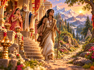 श्यामवर्णी पार्वती तपस्विनी वेश में कमण्डलु और दण्ड लेकर महल से वन की ओर जाती हुईं, पीछे माता मेना और हिमवान् उन्हें भावुक होकर विदा करते हुए