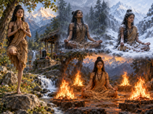 श्यामवर्णी, दुबली-पतली पार्वती हिमालय में तपस्विनी रूप में विभिन्न तप करती हुई—एक टांग पर खड़ी, वर्षा में ध्यानस्थ, हिमपात में बैठी और चारों ओर अग्नि के बीच साधना करती हुई