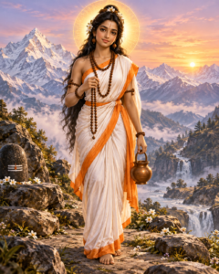 हिमालय की पृष्ठभूमि में श्यामवर्णी माता ब्रह्मचारिणी, एक हाथ में अक्षमाला और दूसरे में कमण्डलु धारण किए हुए
