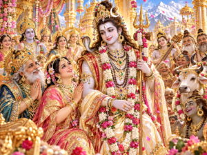 सुंदर, सौम्य और युवा रूप में अलंकृत भगवान शिव, पुष्पमालाओं और राजसी आभूषणों से सुसज्जित, उनके चारों ओर प्रसन्न देवता, शिवगण, नगरवासी तथा मेना और हिमवान आनंदित भाव से निहारते हुए।