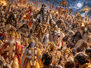 मध्य में भस्म रमाए, सर्पों की मालाएँ धारण किए भगवान शिव, आगे ब्रह्मा, विष्णु और अन्य देवता, तथा पीछे उग्र रूप वाले शिवगण, भूत-प्रेत, विचित्र मुख वाले बाराती नाचते-गाते दिखाई दे रहे हैं।