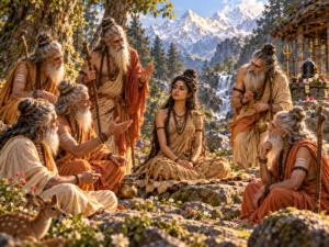 तपस्विनी वेश में श्यामवर्णी पार्वती के सामने सप्तर्षि शिव से विवाह का हठ छोड़ने की सलाह देते हुए