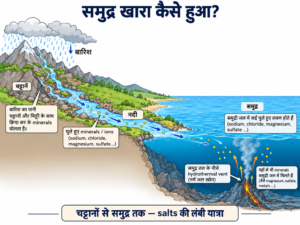 बारिश से चट्टानों के घुलने, नदी के जरिए minerals के समुद्र तक पहुँचने और समुद्र-तल के hydrothermal vent से salts मिलने का रेखाचित्र।